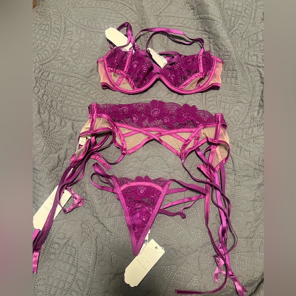 For Love and Lemons Purple Aimee Floral Set with Garter Belt